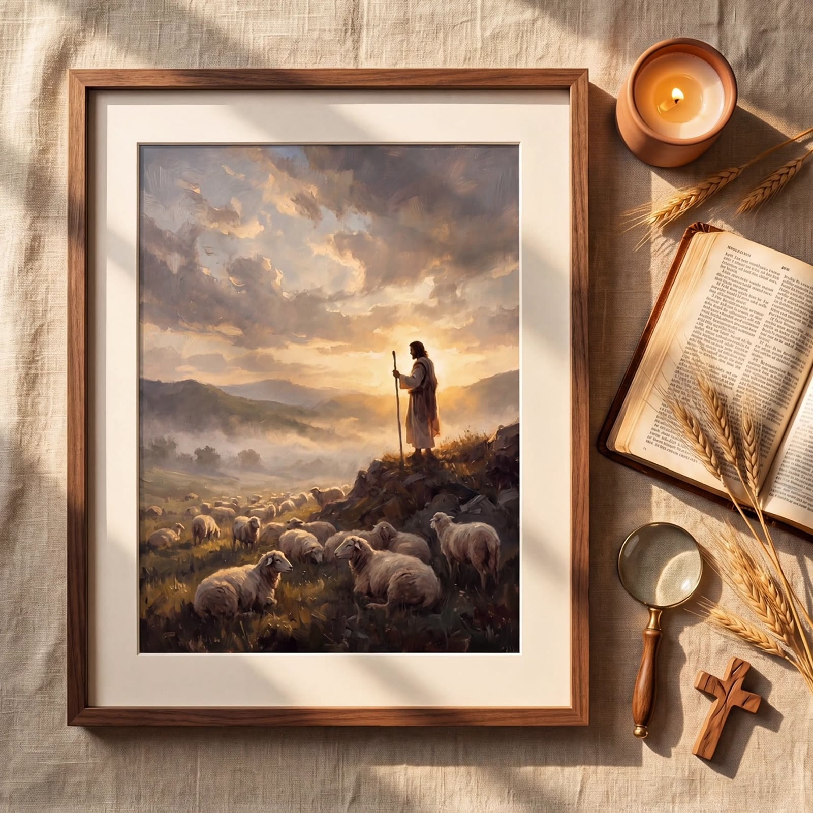 Ingelijste poster uit de Goede Herder serie, met kaars en opengeslagen Bijbel